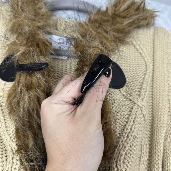 Y2K Hooded Sweater Vest Womens Small Tan Faux Fur Trim Toggle Chunky Penny Lane - Picture 5 of 11